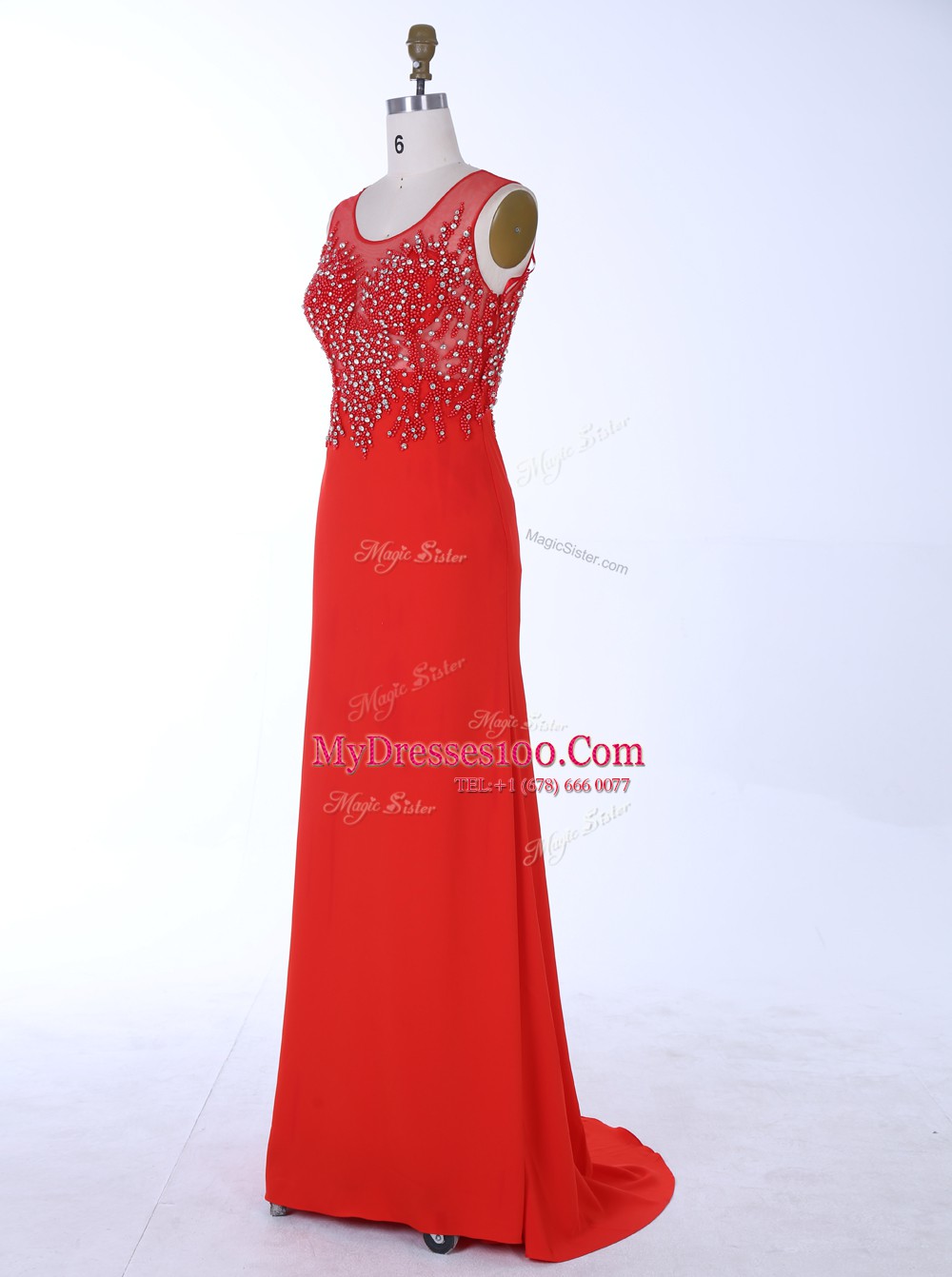 Mermaid Scoop Sleeveless With Train Beading and Appliques Zipper Formal Dresses with Red Brush Train
