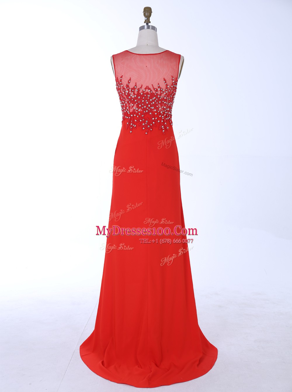 Mermaid Scoop Sleeveless With Train Beading and Appliques Zipper Formal Dresses with Red Brush Train