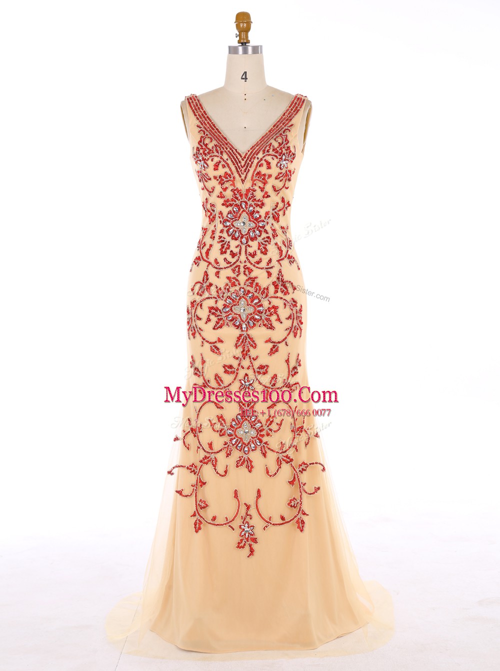 Mermaid Sleeveless Sweep Train Beading and Embroidery Zipper Prom Dresses