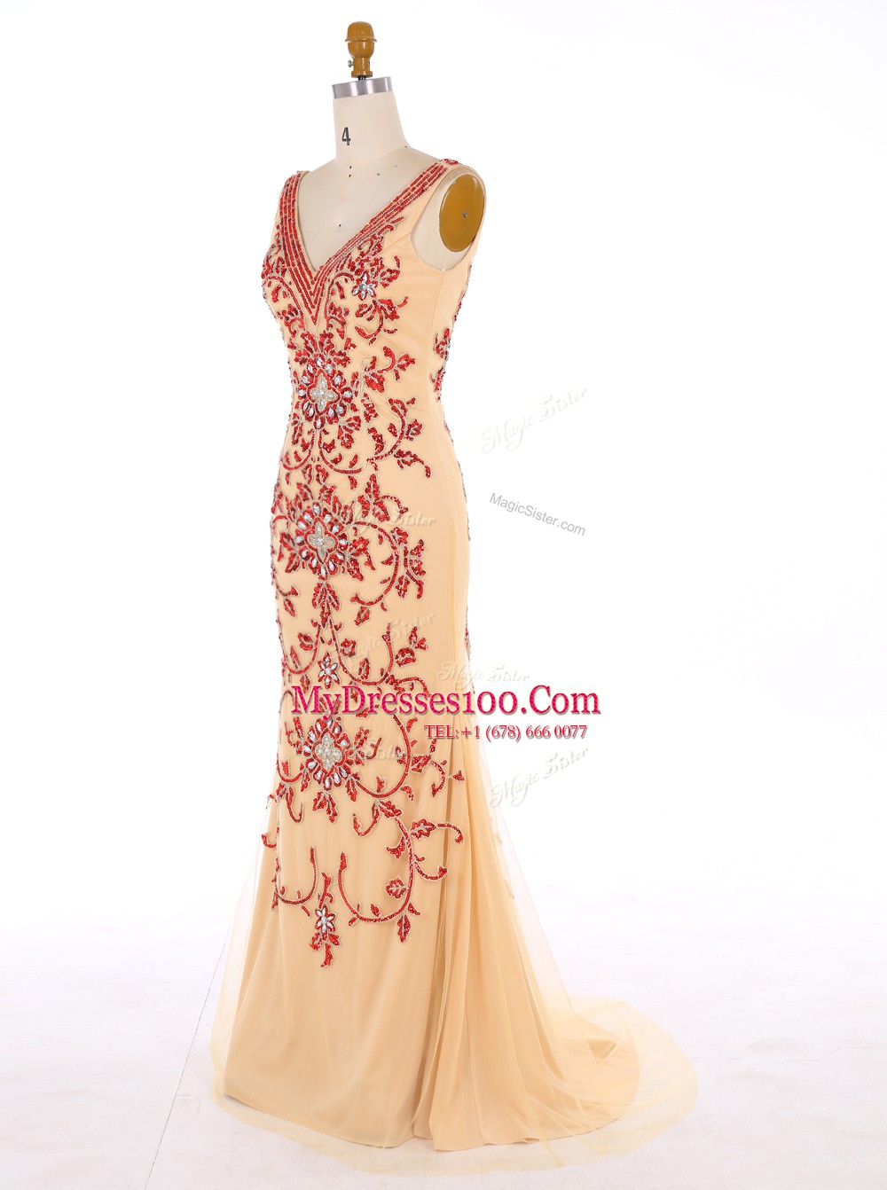 Mermaid Sleeveless Sweep Train Beading and Embroidery Zipper Prom Dresses