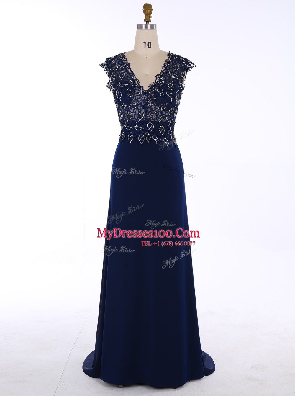 Flirting Navy Blue V-neck Neckline Appliques Formal Evening Gowns Sleeveless Zipper