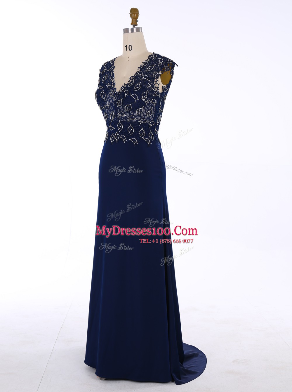 Flirting Navy Blue V-neck Neckline Appliques Formal Evening Gowns Sleeveless Zipper