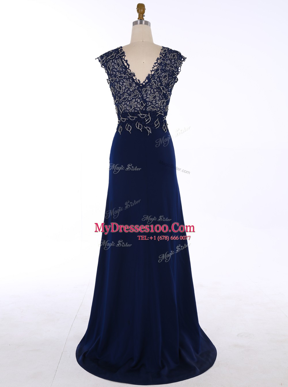 Flirting Navy Blue V-neck Neckline Appliques Formal Evening Gowns Sleeveless Zipper