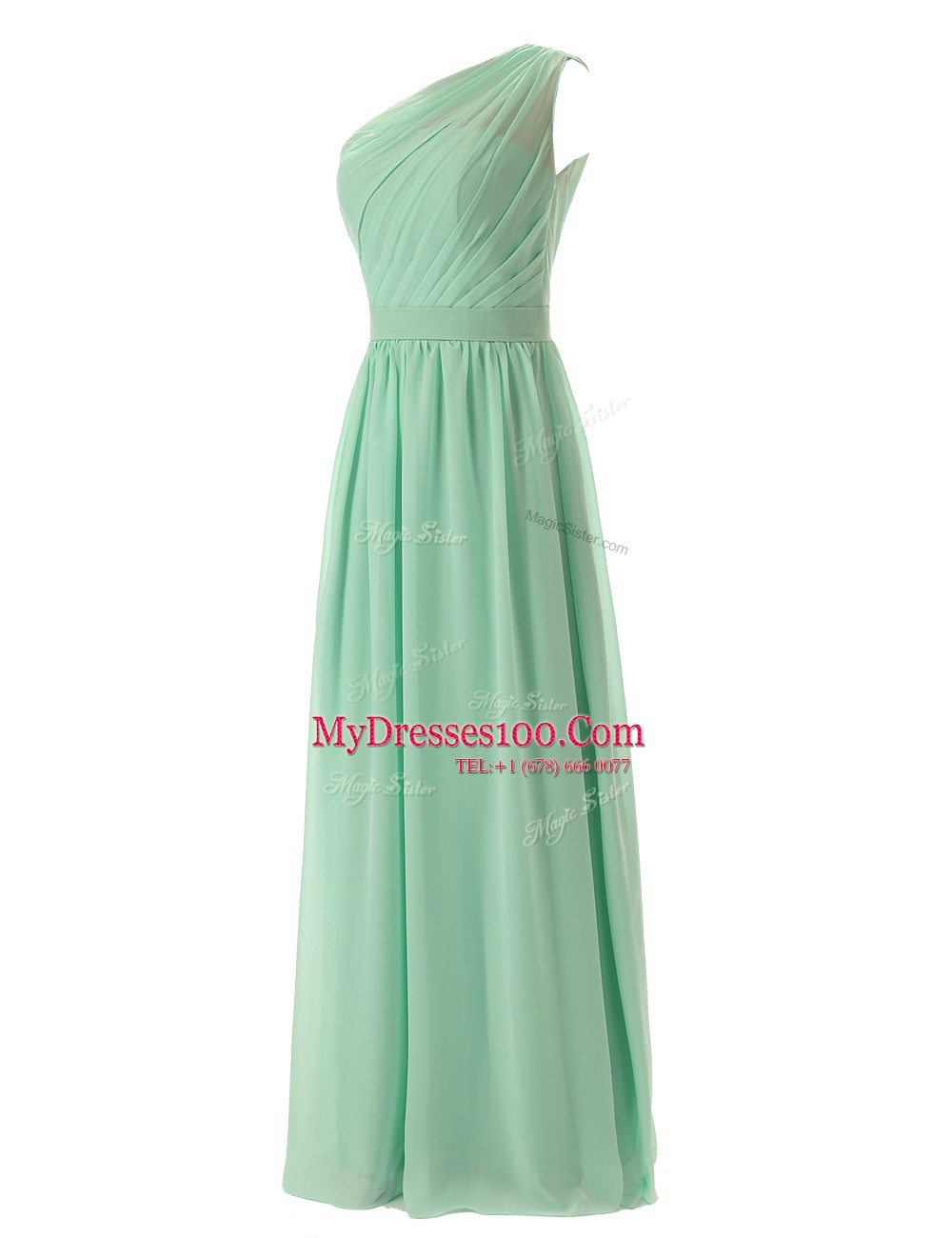 Flare One Shoulder Ruffles Prom Evening Gown Apple Green Zipper Sleeveless Floor Length
