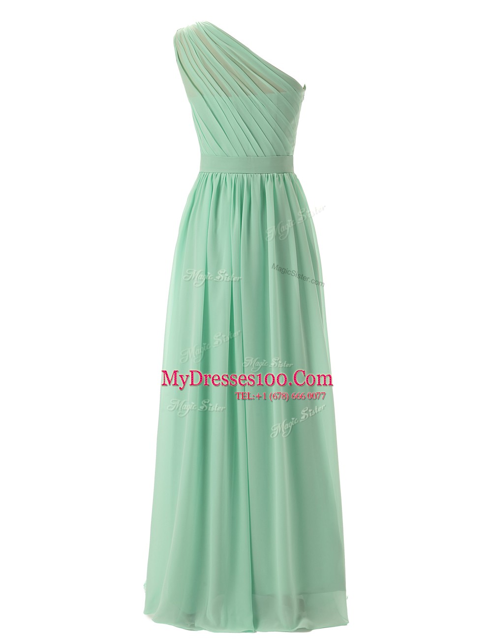 Flare One Shoulder Ruffles Prom Evening Gown Apple Green Zipper Sleeveless Floor Length