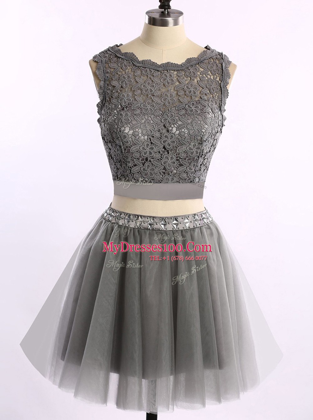 High Class Scoop Sleeveless Mini Length Lace Zipper Evening Dress with Grey