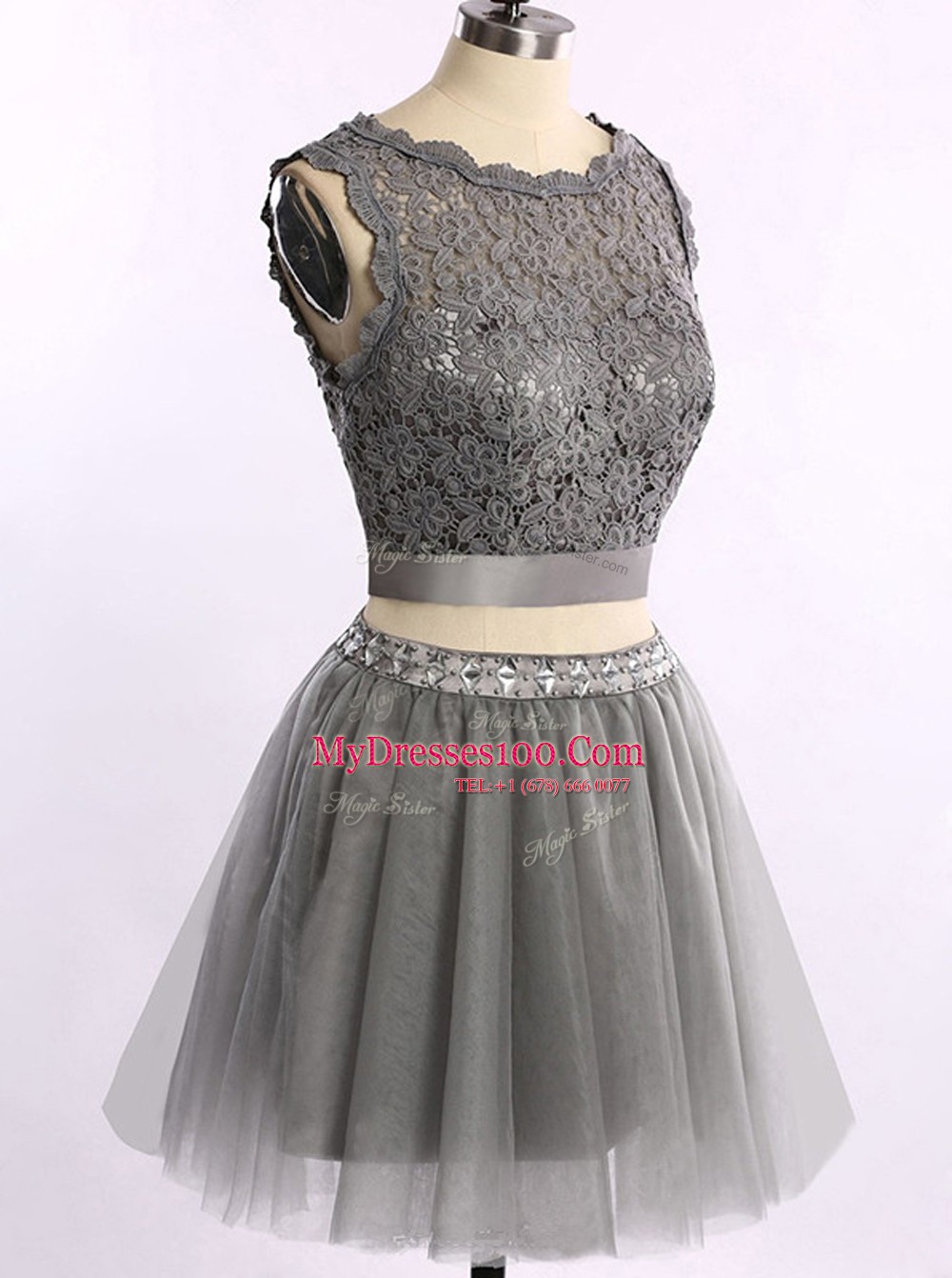 High Class Scoop Sleeveless Mini Length Lace Zipper Evening Dress with Grey
