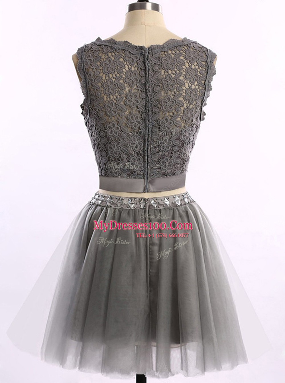 High Class Scoop Sleeveless Mini Length Lace Zipper Evening Dress with Grey