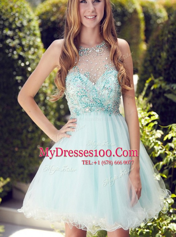 Organza Scoop Sleeveless Zipper Beading and Ruching Prom Party Dress in Light Blue