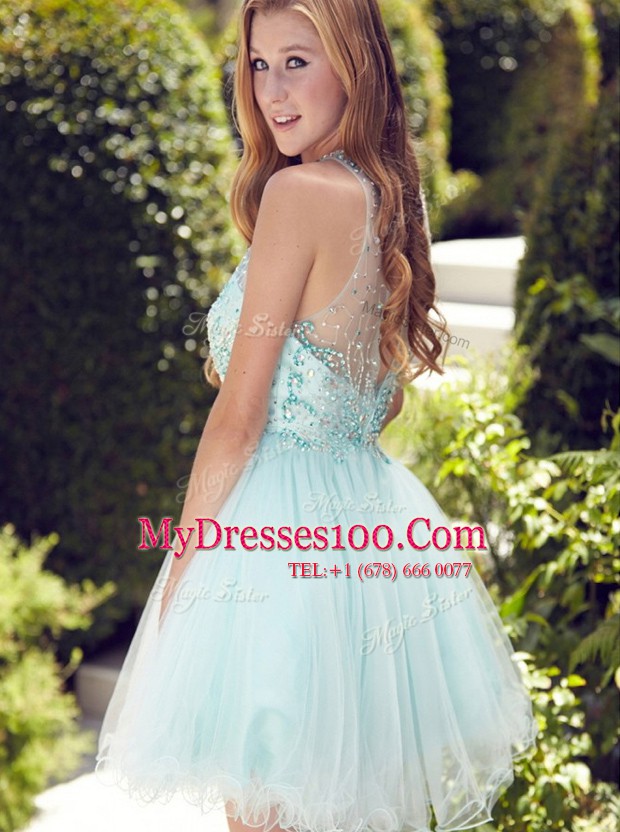 Organza Scoop Sleeveless Zipper Beading and Ruching Prom Party Dress in Light Blue