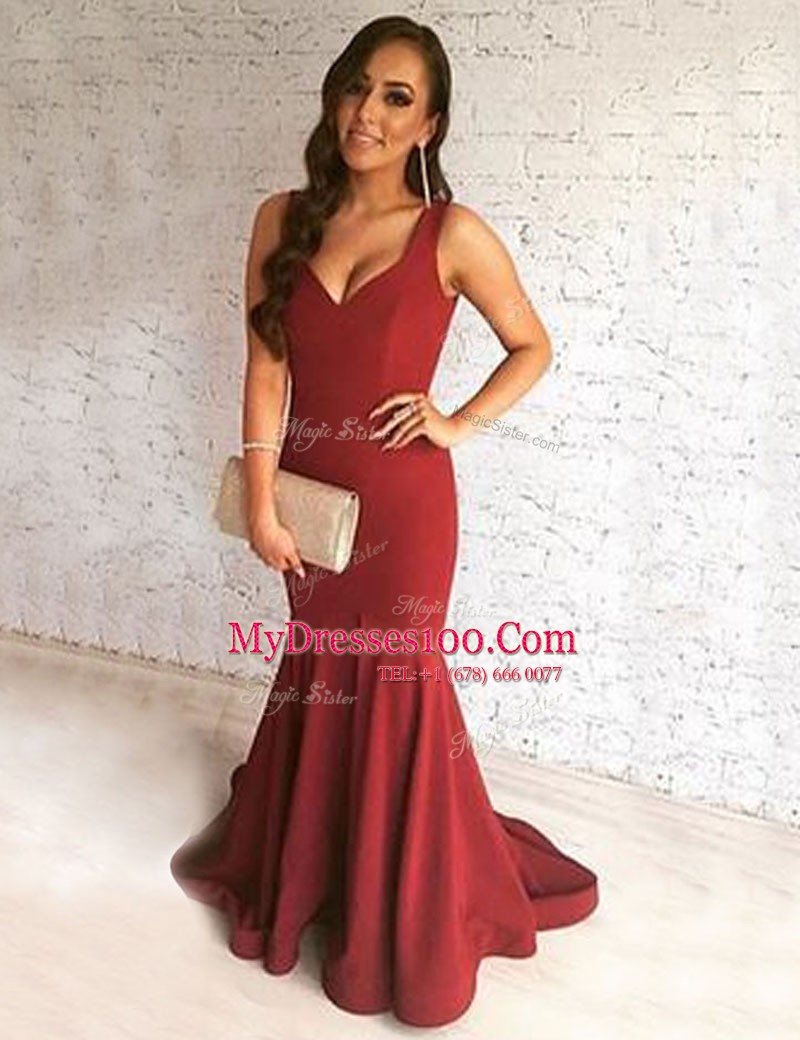 Designer Mermaid Burgundy Elastic Woven Satin Zipper Scoop Sleeveless Prom Dresses Brush Train Ruching