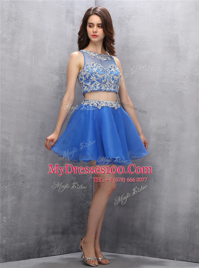 Hot Selling Scoop Blue Zipper Womens Party Dresses Beading Sleeveless Mini Length