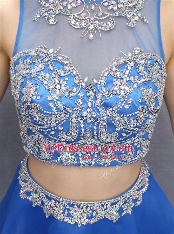 Hot Selling Scoop Blue Zipper Womens Party Dresses Beading Sleeveless Mini Length