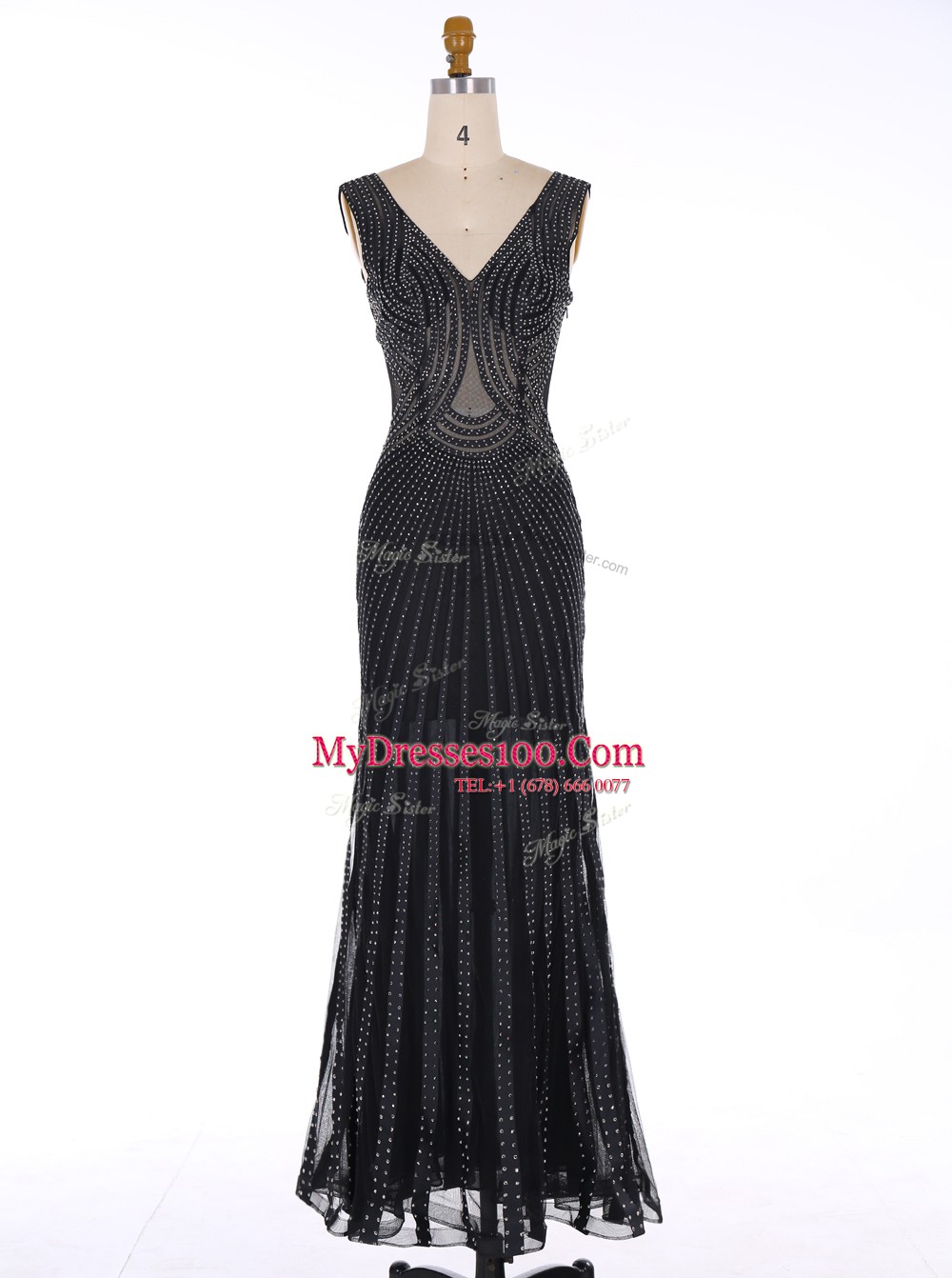 Mermaid Black V-neck Zipper Sequins Formal Evening Gowns Sleeveless