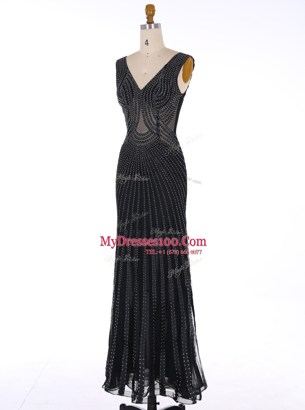 Mermaid Black V-neck Zipper Sequins Formal Evening Gowns Sleeveless