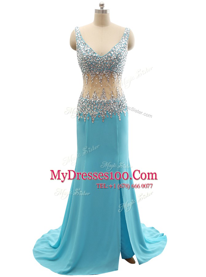 Mermaid Aqua Blue Sleeveless Beading Zipper Prom Party Dress