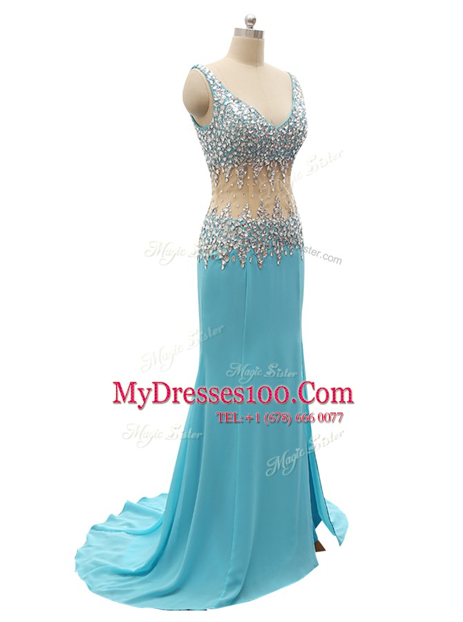 Mermaid Aqua Blue Sleeveless Beading Zipper Prom Party Dress
