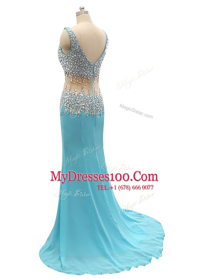 Mermaid Aqua Blue Sleeveless Beading Zipper Prom Party Dress