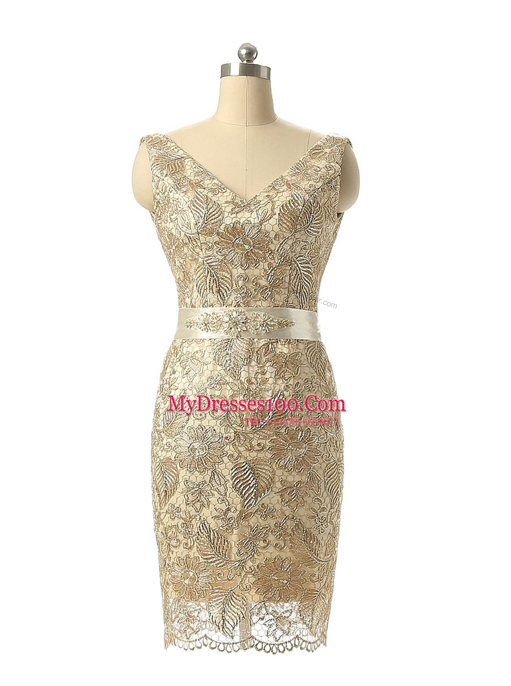 Lovely Champagne V-neck Neckline Beading and Lace Prom Gown Sleeveless Zipper