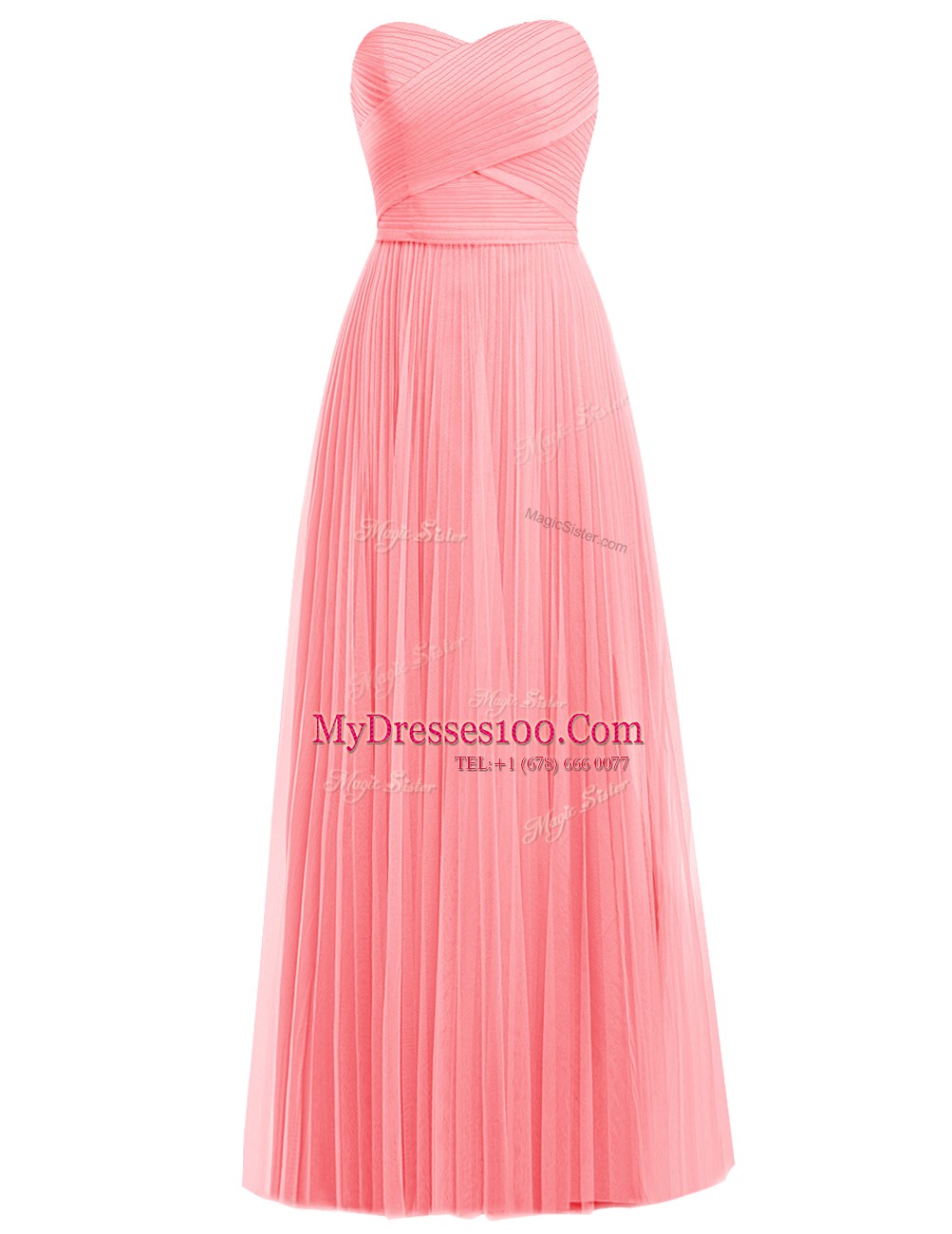 Customized Watermelon Red and Rose Pink A-line Sweetheart Sleeveless Tulle Floor Length Zipper Ruffles Evening Dress