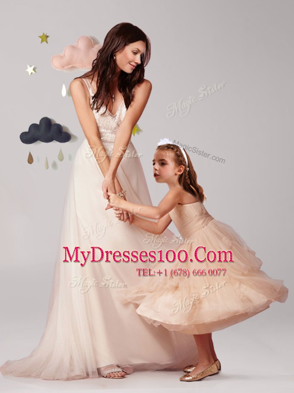 Empire Dress for Prom Champagne Straps Tulle Sleeveless Floor Length Zipper