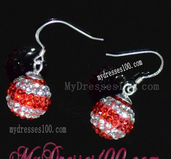 Red and White Rhinestone Luxurious Round Earrings