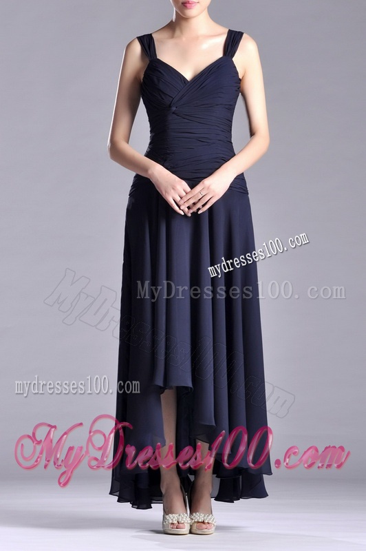 Beautiful Straps Black Chiffon Mother of The Bride Dress with High Low
