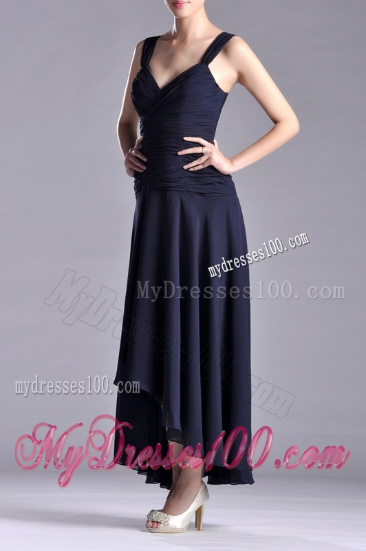 Beautiful Straps Black Chiffon Mother of The Bride Dress with High Low