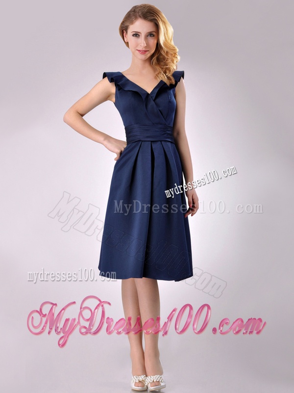 Beautiful V Neck Navy Blue Empire Mother of The Bride Dress with Cap Sleeves
