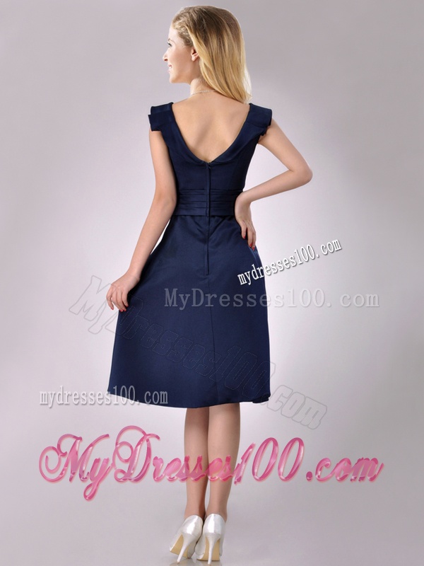 Beautiful V Neck Navy Blue Empire Mother of The Bride Dress with Cap Sleeves