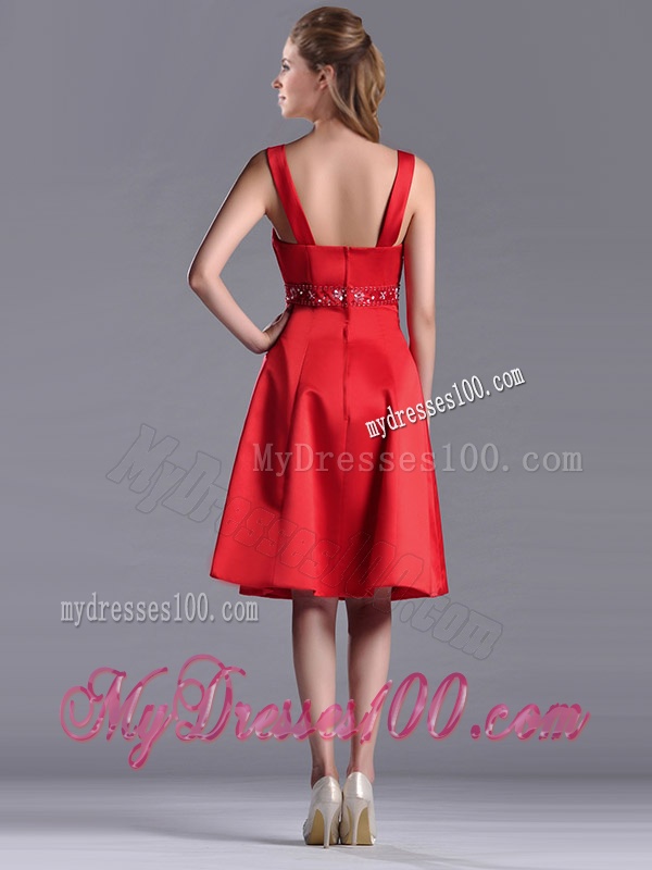 Best Selling Square Beaded Decorated Waist Mother of The Bride Dress in Knee Length
