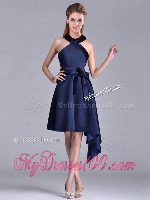 Elegant Halter Top Asymmetrical Navy Blue Mother of The Bride Dress in Satin