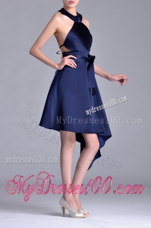 Elegant Halter Top Asymmetrical Navy Blue Mother of The Bride Dress in Satin