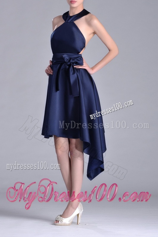 Elegant Halter Top Asymmetrical Navy Blue Mother of The Bride Dress in Satin
