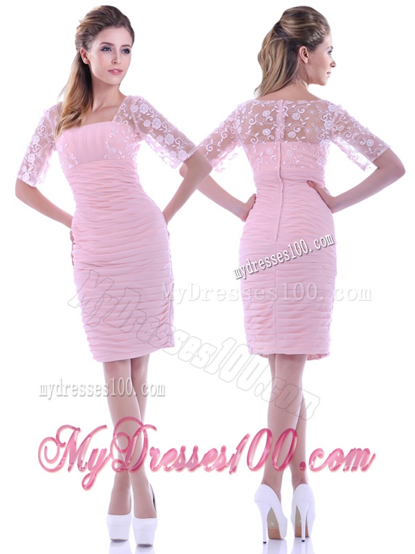 Elegant Ruched and Laced Square Baby Pink Mother of The Bride Dress with Half Sleeves