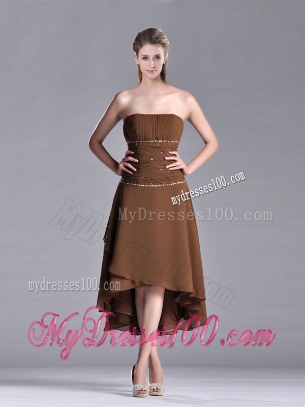 Exclusive Beaded Strapless High Low Brown Mother of The Bride Dress in Chiffon