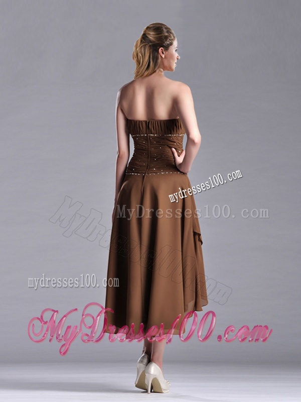 Exclusive Beaded Strapless High Low Brown Mother of The Bride Dress in Chiffon