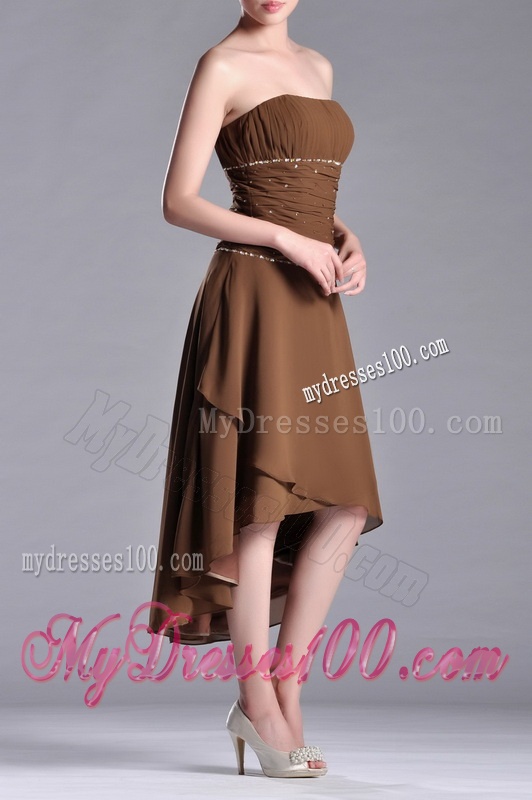 Exclusive Beaded Strapless High Low Brown Mother of The Bride Dress in Chiffon