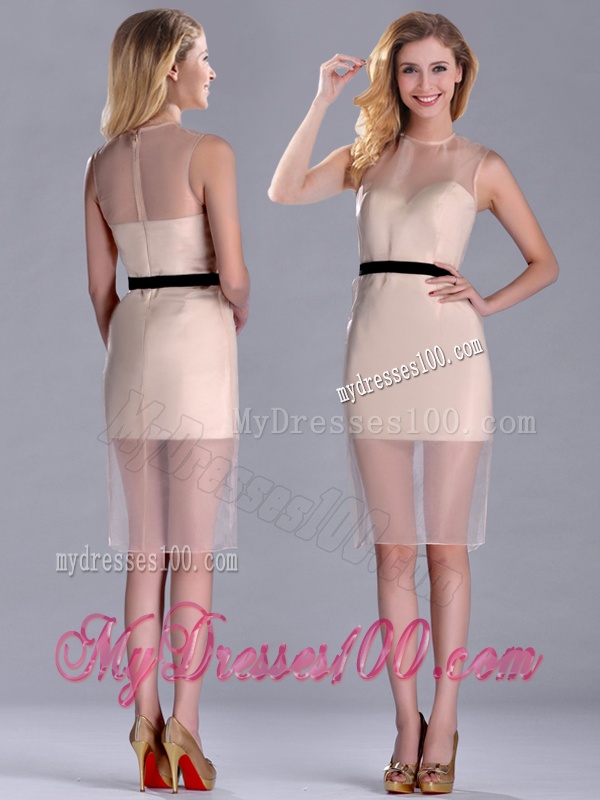 Exclusive High Neck Organza Champagne Mother of The Bride Dress with Black Belt