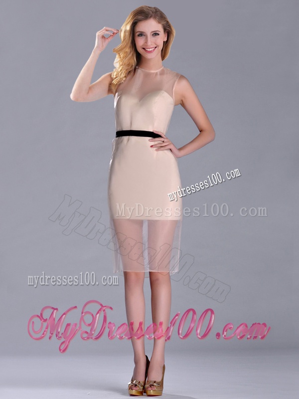 Exclusive High Neck Organza Champagne Mother of The Bride Dress with Black Belt