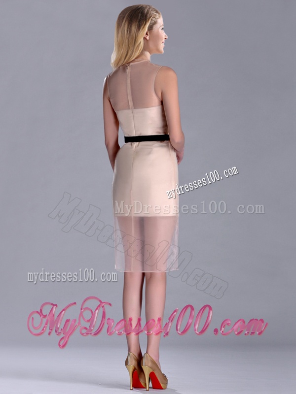 Exclusive High Neck Organza Champagne Mother of The Bride Dress with Black Belt