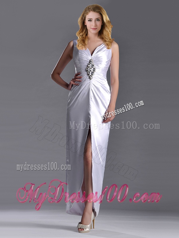Exquisite Column V Neck Mother of The Bride Dress with Beading and High Slit