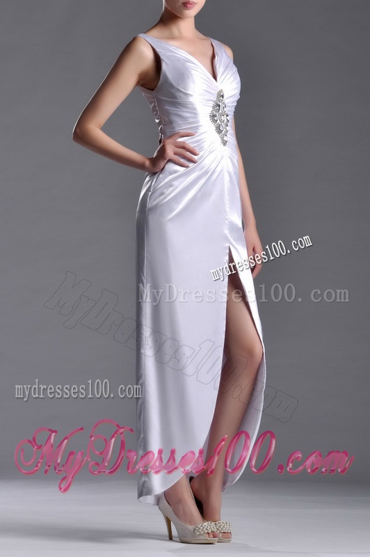 Exquisite Column V Neck Mother of The Bride Dress with Beading and High Slit