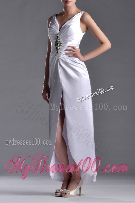 Exquisite Column V Neck Mother of The Bride Dress with Beading and High Slit