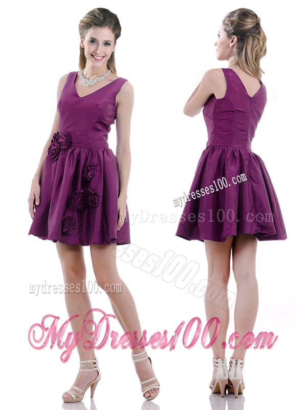 Exquisite V Neck Taffeta Purple Mother of The Bride Dress with Handcrafted Flowers