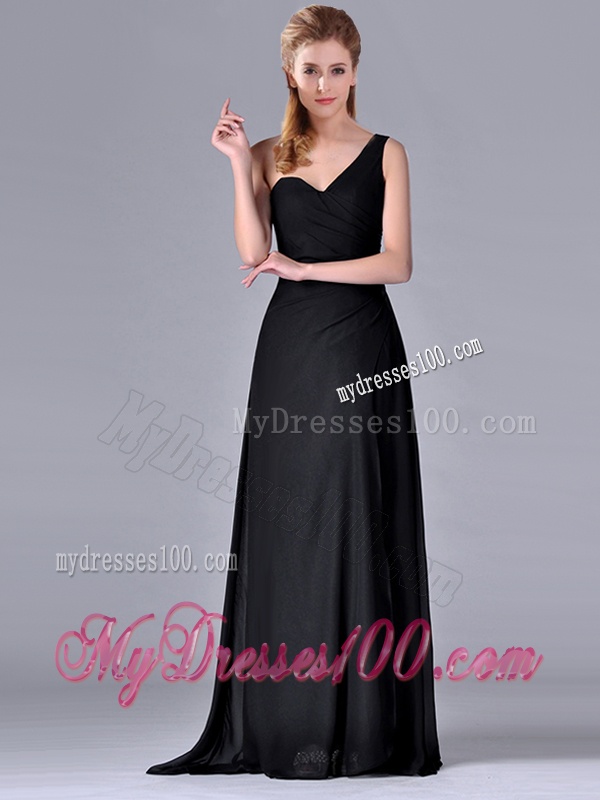 Gorgeous One Shoulder Black Mother of The Bride Dress with Ruching and High Slit