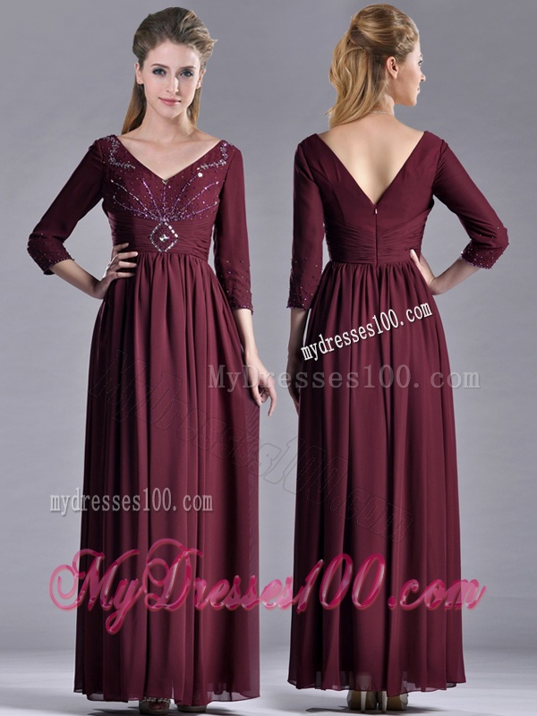 Latest Beaded V Neck Burgundy Mother of The Bride Dress with Three Fourth Length Sleeves