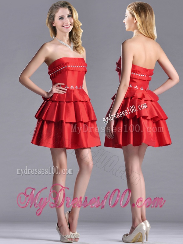 New Arrivals Red Strapless Mother of The Bride Dress with Ruffled Layers and Beading