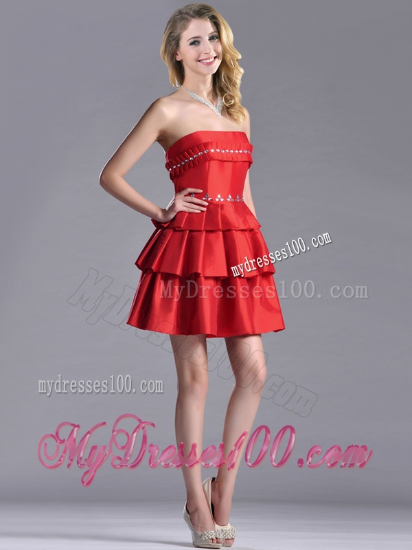 New Arrivals Red Strapless Mother of The Bride Dress with Ruffled Layers and Beading
