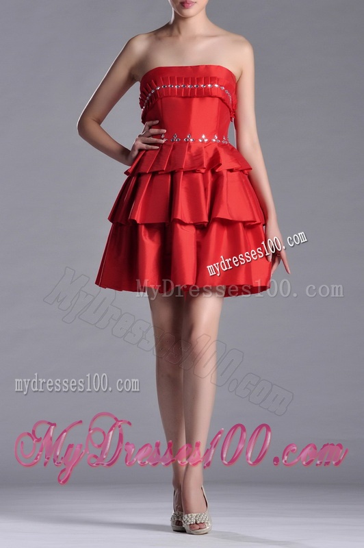 New Arrivals Red Strapless Mother of The Bride Dress with Ruffled Layers and Beading